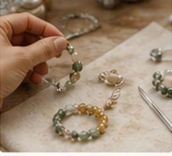 Đôi tay đang hoàn thiện vòng đá handmade
